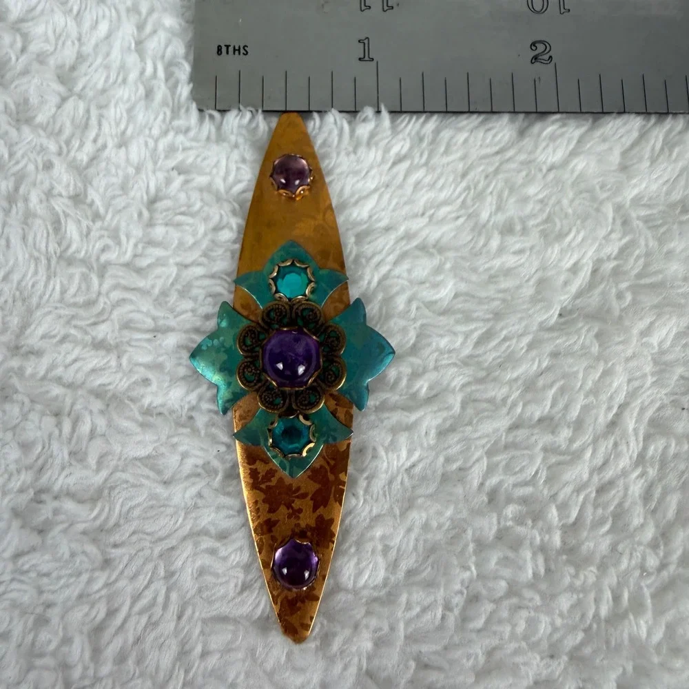 Vintage Copper Verdigris Brooch Purple Teal Crystal‎ Floral Filigree Pin 2.5